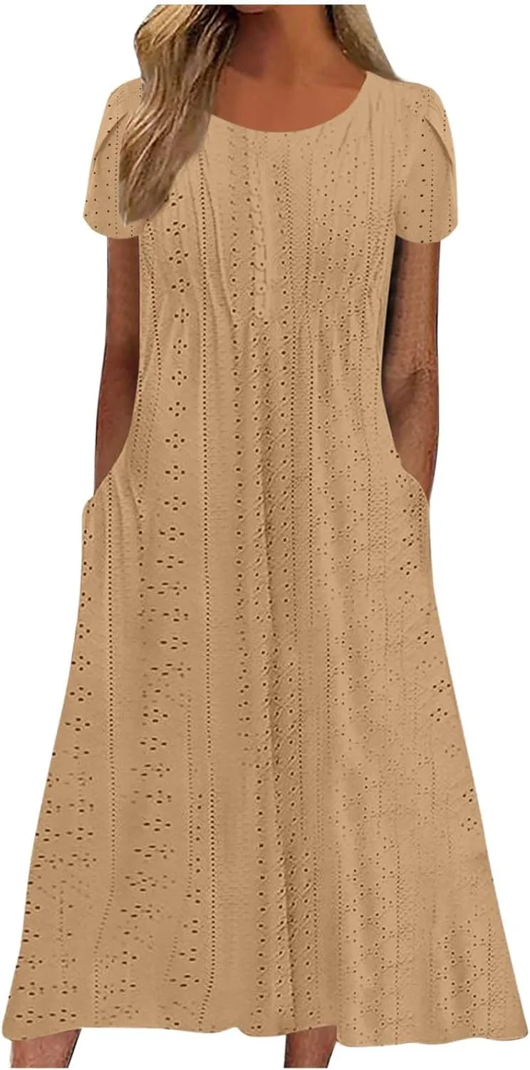 Women Summer Eyelet Dress Casual Petal Short Sleeve Crew Neck Maxi Dresses Loose Tunic Sun Dress with Pockets
