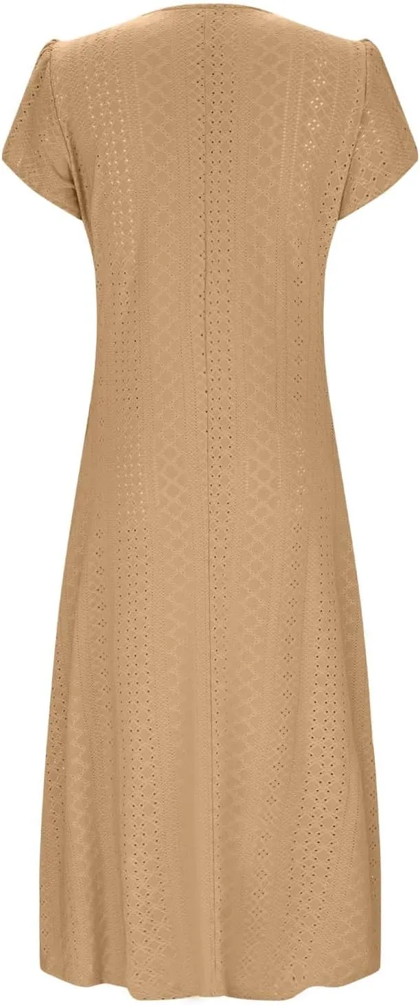 Women Summer Eyelet Dress Casual Petal Short Sleeve Crew Neck Maxi Dresses Loose Tunic Sun Dress with Pockets