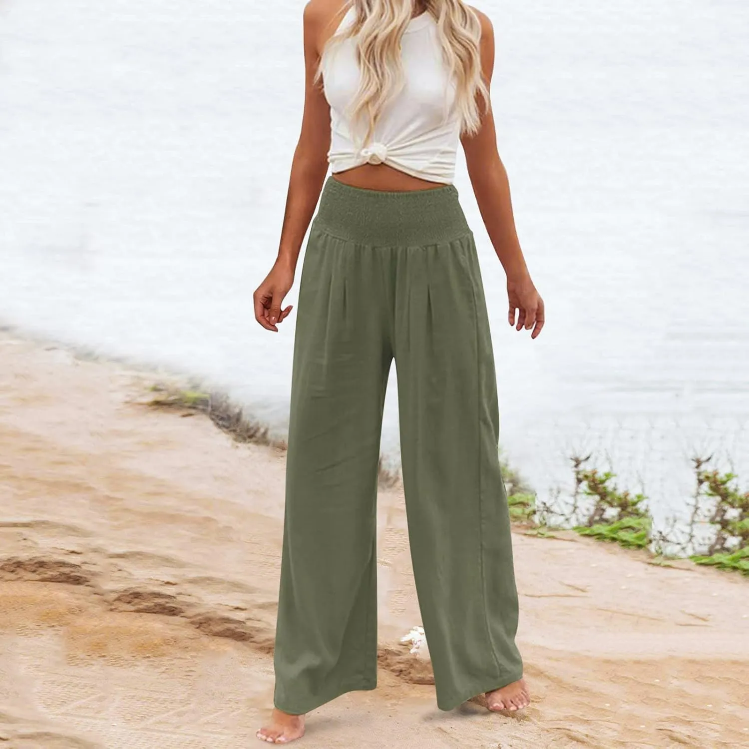 Women Summer High Waist Cotton Linen Palazzo Pants Wide Leg Long Lounge Pants with Pockets Boho Beach Flowy Trousers