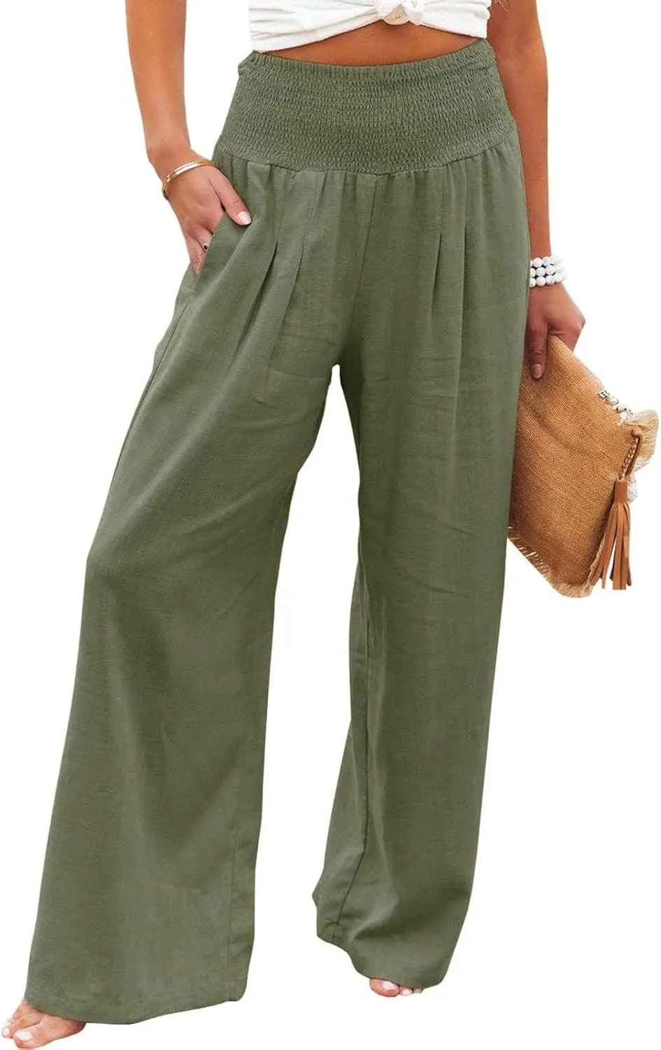 Women Summer High Waist Cotton Linen Palazzo Pants Wide Leg Long Lounge Pants with Pockets Boho Beach Flowy Trousers