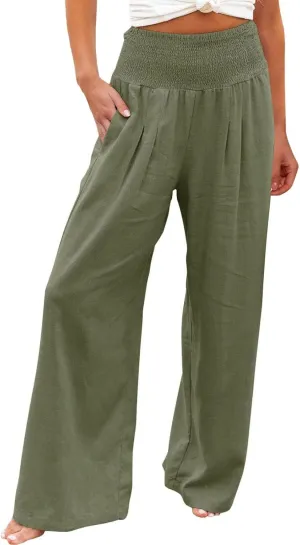 Women Summer High Waist Cotton Linen Palazzo Pants Wide Leg Long Lounge Pants with Pockets Boho Beach Flowy Trousers