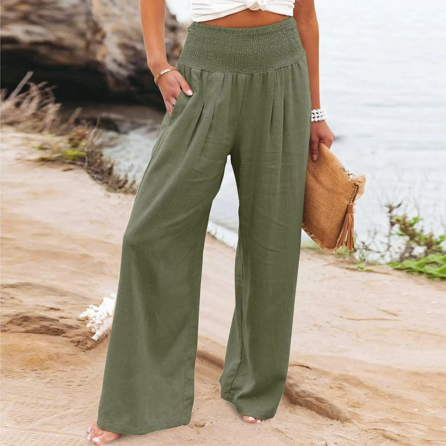 Women Summer High Waist Cotton Linen Palazzo Pants Wide Leg Long Lounge Pants with Pockets Boho Beach Flowy Trousers