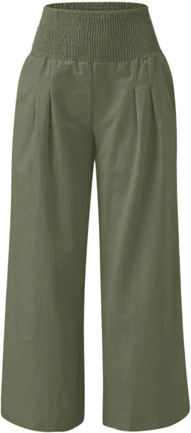 Women Summer High Waist Cotton Linen Palazzo Pants Wide Leg Long Lounge Pants with Pockets Boho Beach Flowy Trousers