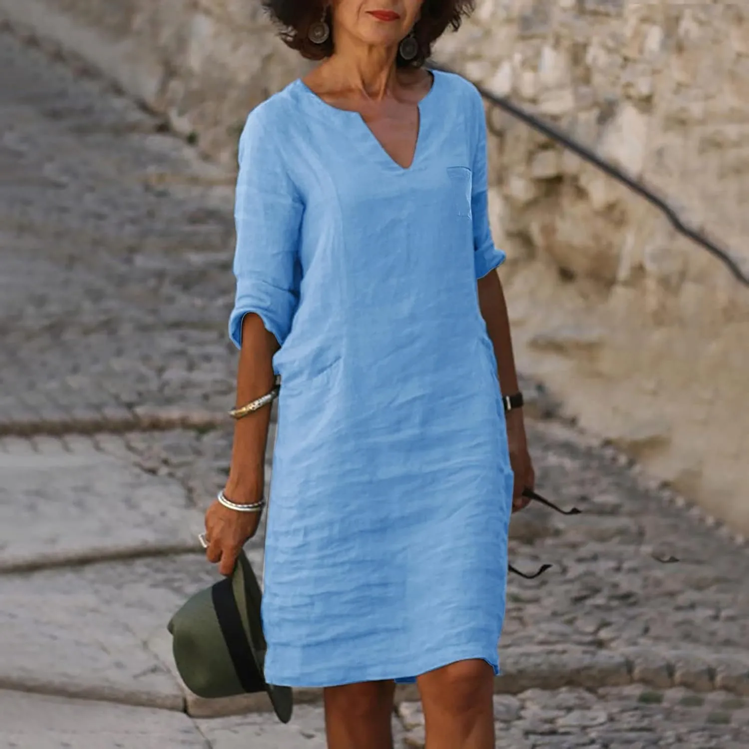 Women Summer Midi Shirt Dresses Lapel Casual Cotton Linen Dress V Neck Linen Dress Summer Half Sleeve Knee Length Shift Dress