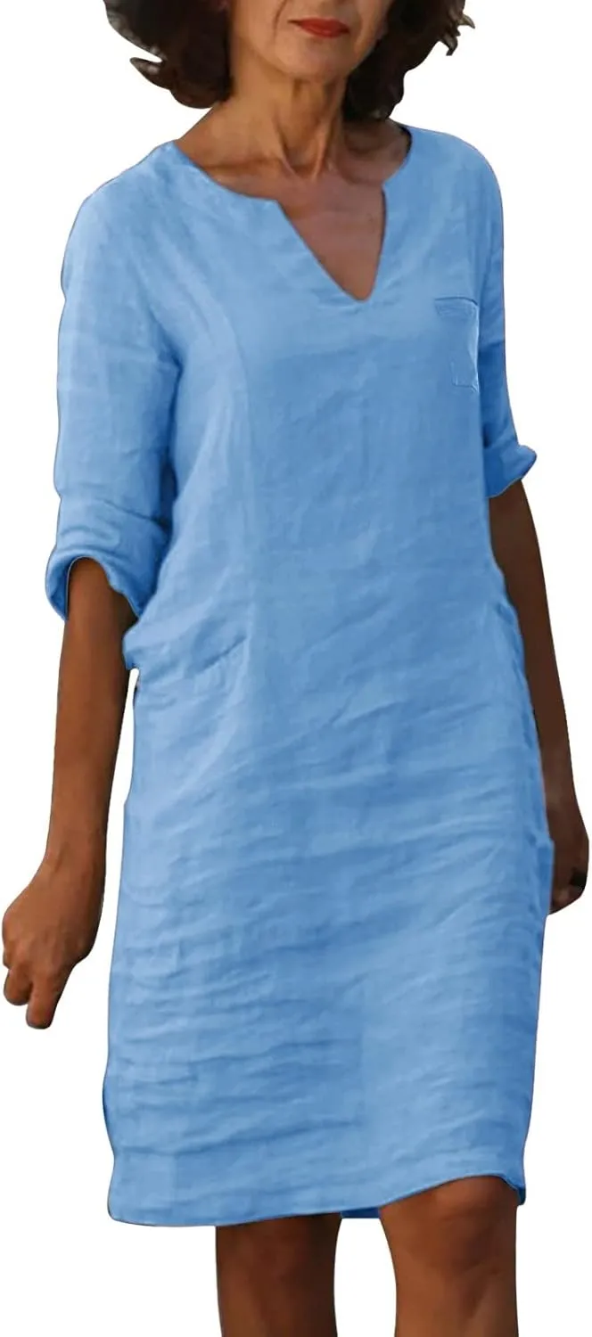 Women Summer Midi Shirt Dresses Lapel Casual Cotton Linen Dress V Neck Linen Dress Summer Half Sleeve Knee Length Shift Dress