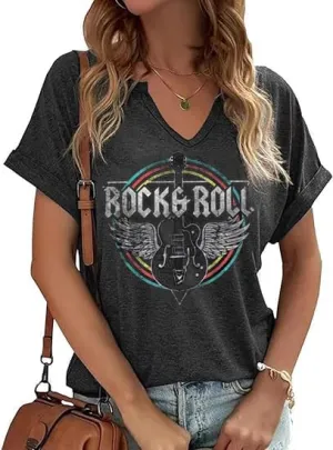 Women Vintage V Neck Shirts Rock and Roll Music Guitar Graphic T Shirt Country Music Tops Teacher Tee