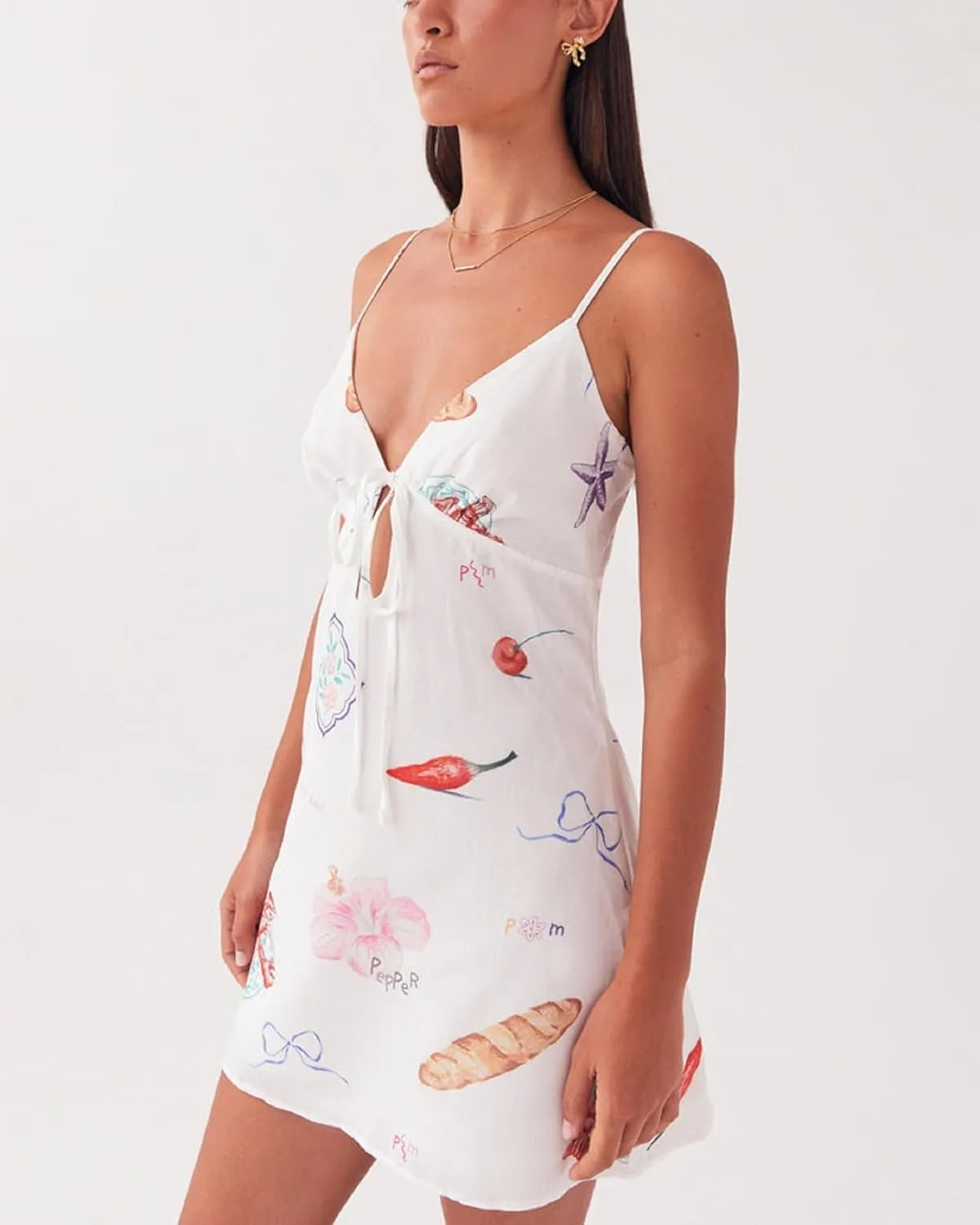 Women Y2K Cute Mini Dress Fruit Print Spaghetti Strap Short Dress Graffiti Cami Dress Sleeveelss Backless Bodycon Sun Dress