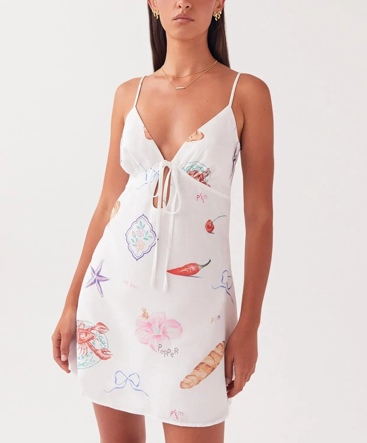 Women Y2K Cute Mini Dress Fruit Print Spaghetti Strap Short Dress Graffiti Cami Dress Sleeveelss Backless Bodycon Sun Dress