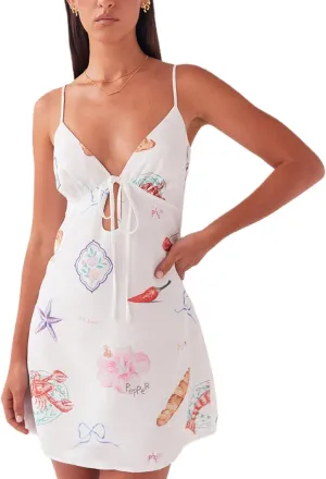 Women Y2K Cute Mini Dress Fruit Print Spaghetti Strap Short Dress Graffiti Cami Dress Sleeveelss Backless Bodycon Sun Dress