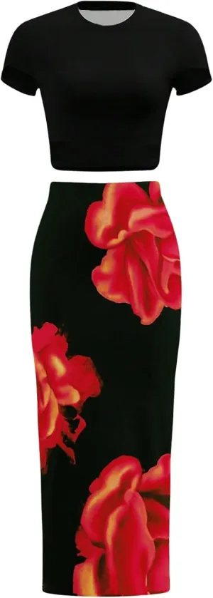 Women's 2 Piece Outfits Short Sleeve Crew Neck Crop Tee Top and Floral Print Bodycon Maxi Skirt Set