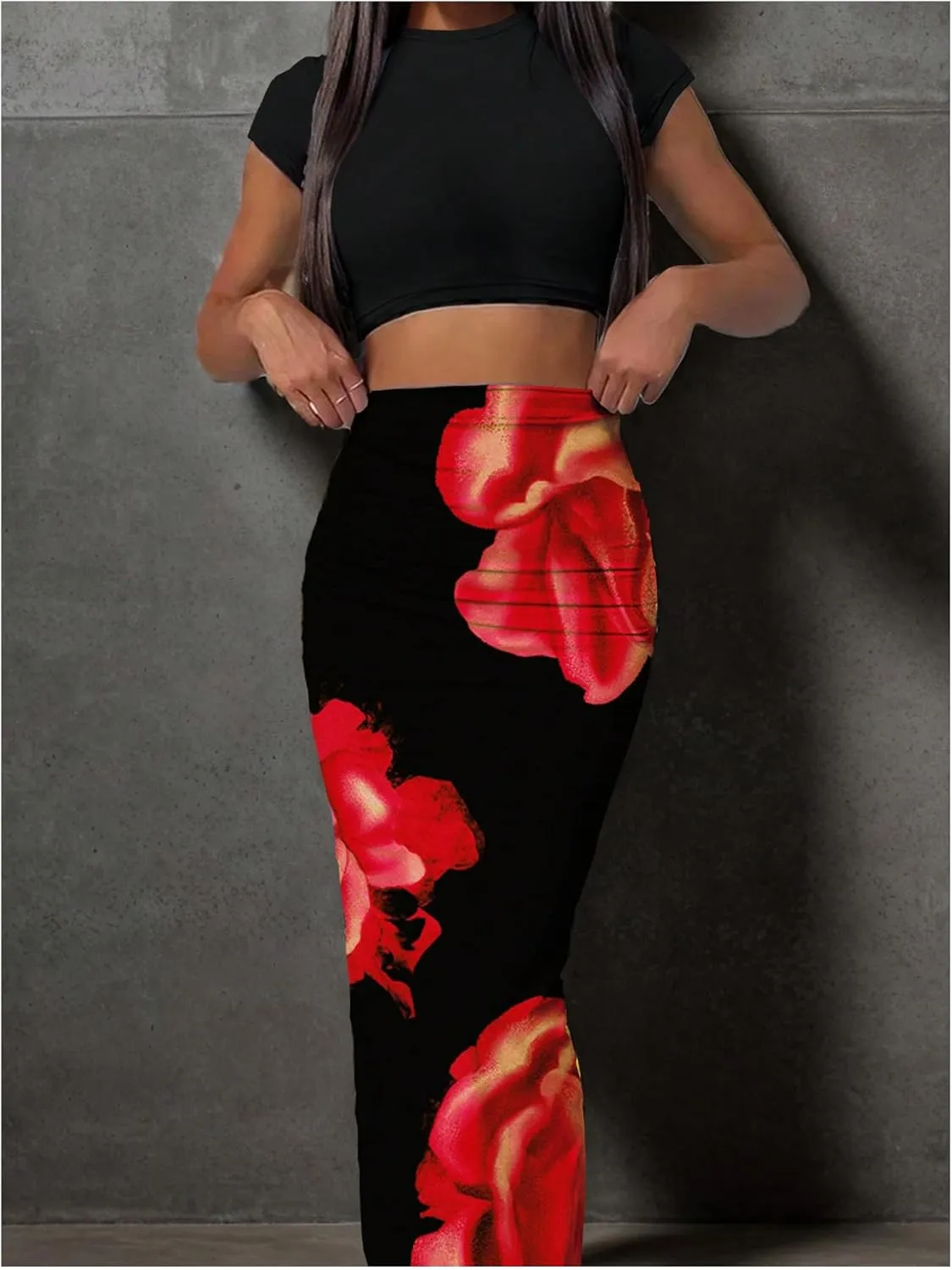 Women's 2 Piece Outfits Short Sleeve Crew Neck Crop Tee Top and Floral Print Bodycon Maxi Skirt Set