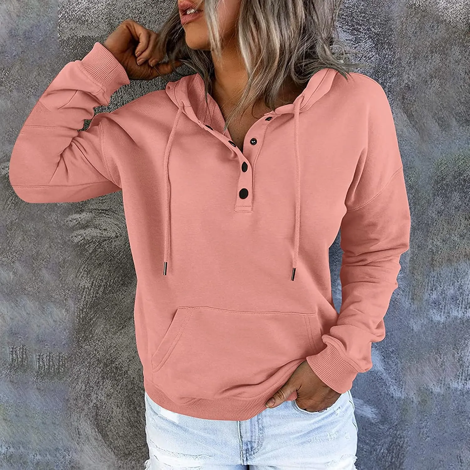 Womens 2022 Hooded Button Collar Drawstring Hoodies Pullover Sweatshirts Casual Long Sleeve Tops Shirts