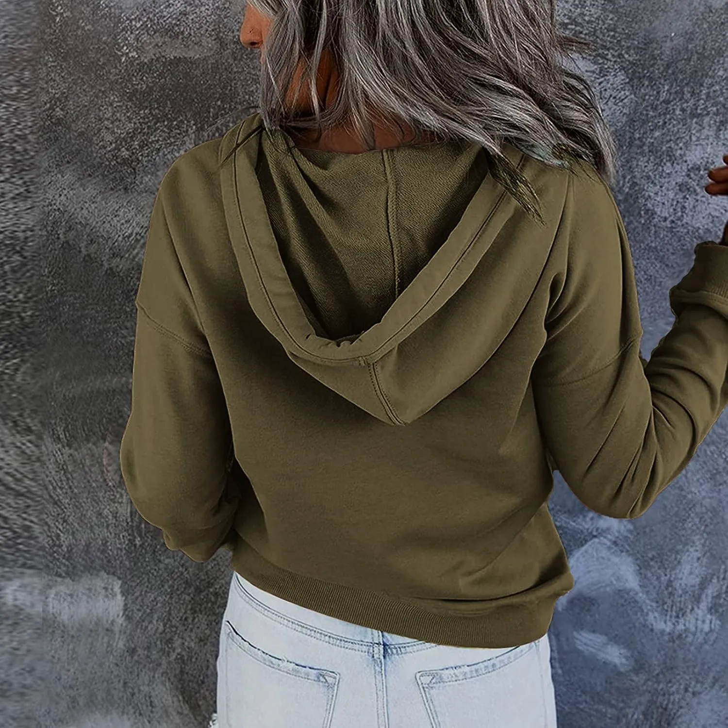 Womens 2022 Hooded Button Collar Drawstring Hoodies Pullover Sweatshirts Casual Long Sleeve Tops Shirts