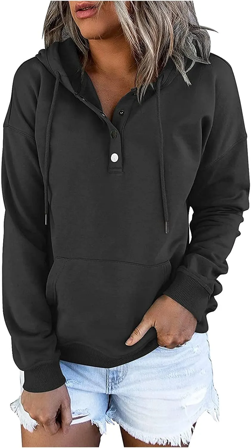 Womens 2022 Hooded Button Collar Drawstring Hoodies Pullover Sweatshirts Casual Long Sleeve Tops Shirts