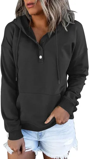 Womens 2022 Hooded Button Collar Drawstring Hoodies Pullover Sweatshirts Casual Long Sleeve Tops Shirts