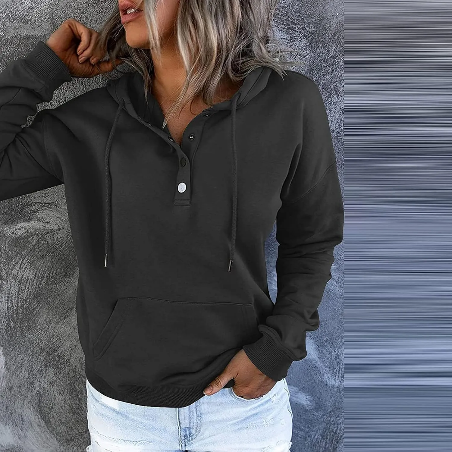 Womens 2022 Hooded Button Collar Drawstring Hoodies Pullover Sweatshirts Casual Long Sleeve Tops Shirts