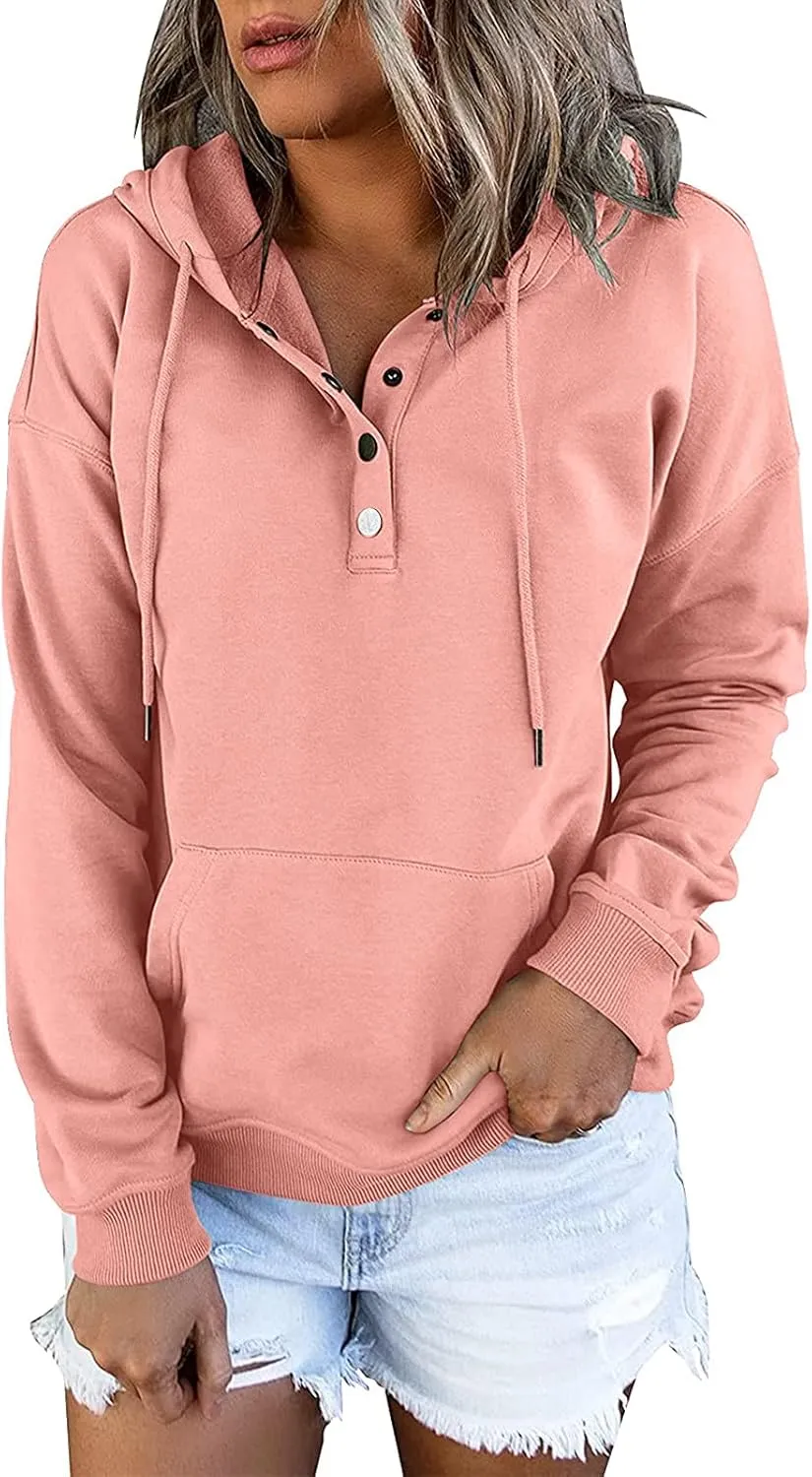 Womens 2022 Hooded Button Collar Drawstring Hoodies Pullover Sweatshirts Casual Long Sleeve Tops Shirts