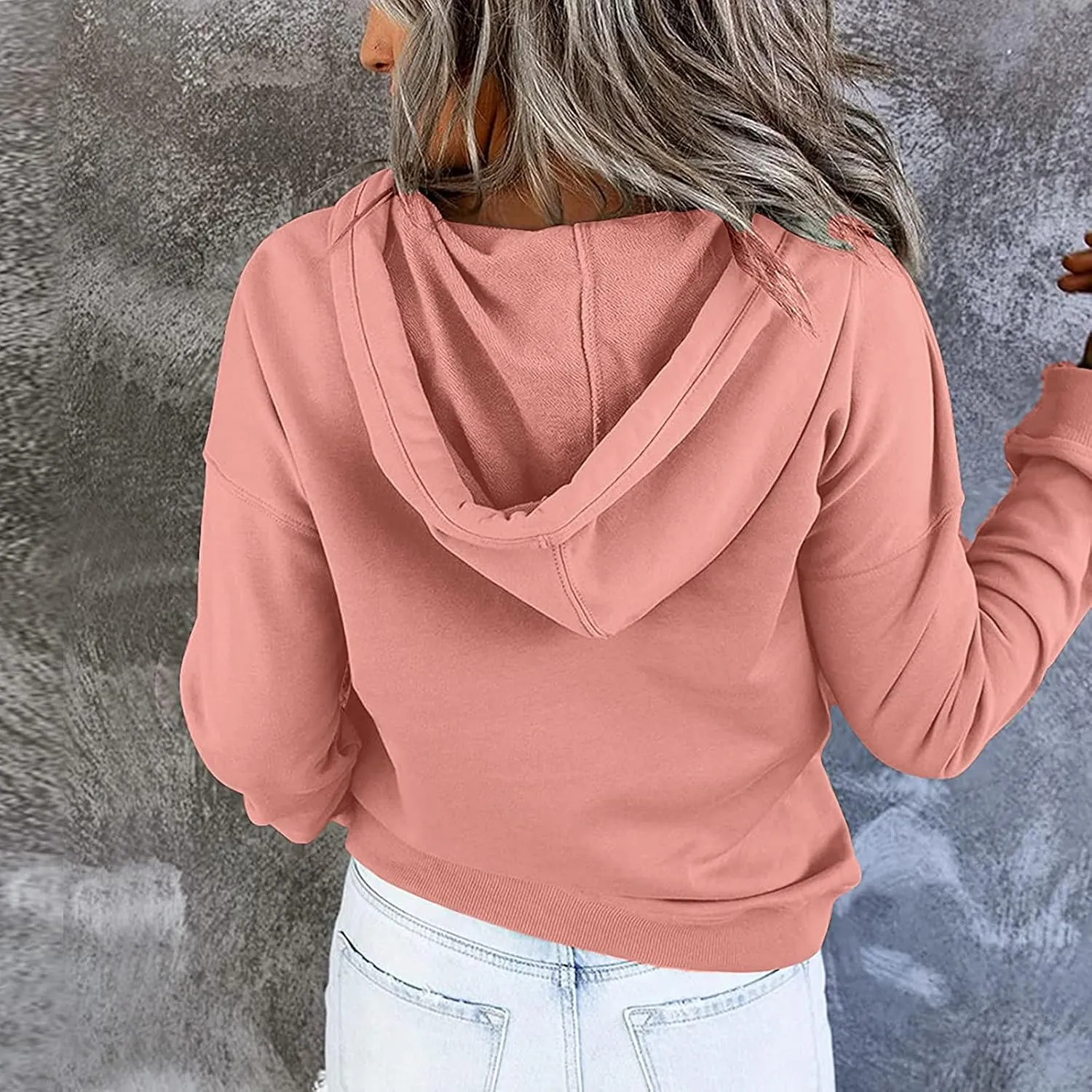 Womens 2022 Hooded Button Collar Drawstring Hoodies Pullover Sweatshirts Casual Long Sleeve Tops Shirts