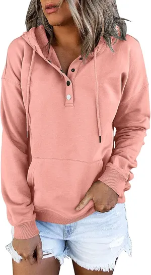 Womens 2022 Hooded Button Collar Drawstring Hoodies Pullover Sweatshirts Casual Long Sleeve Tops Shirts