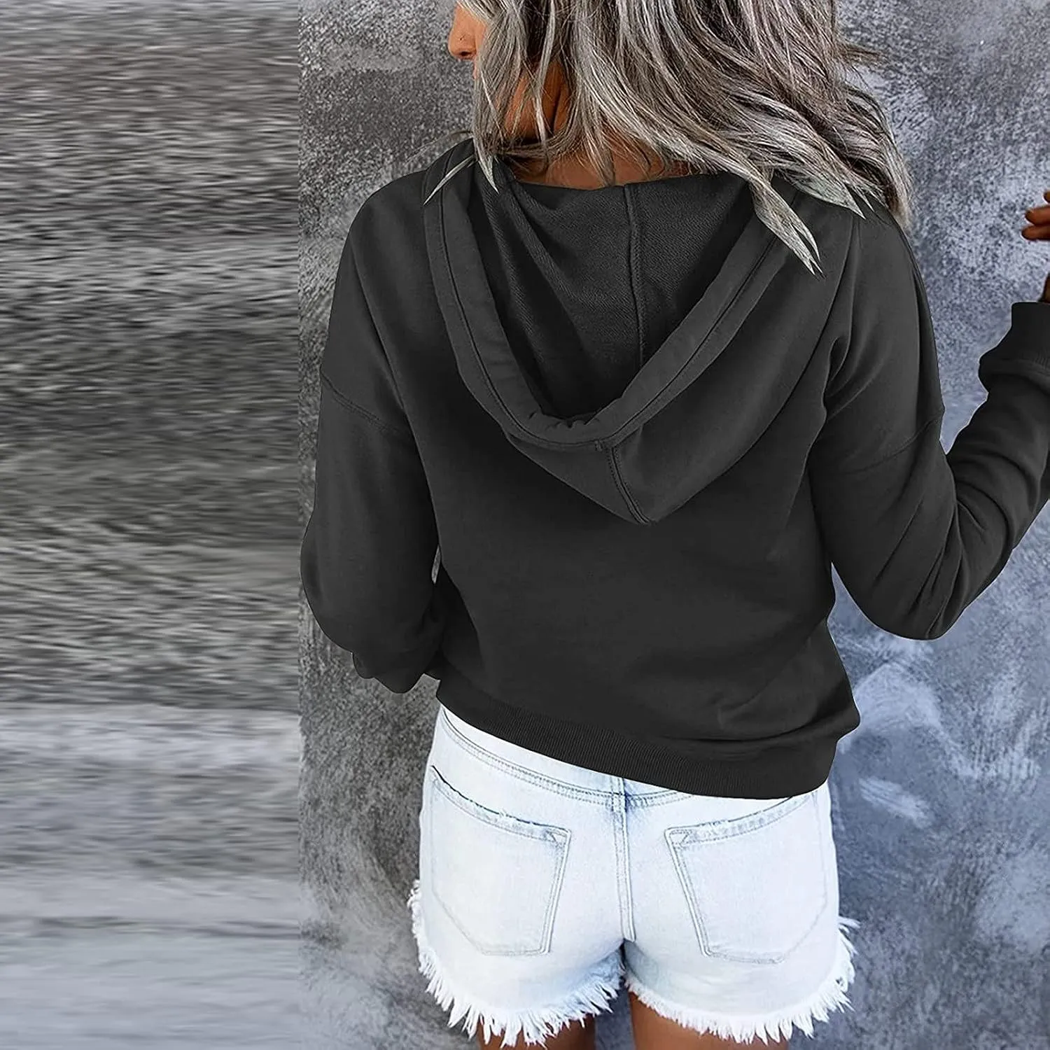 Womens 2022 Hooded Button Collar Drawstring Hoodies Pullover Sweatshirts Casual Long Sleeve Tops Shirts