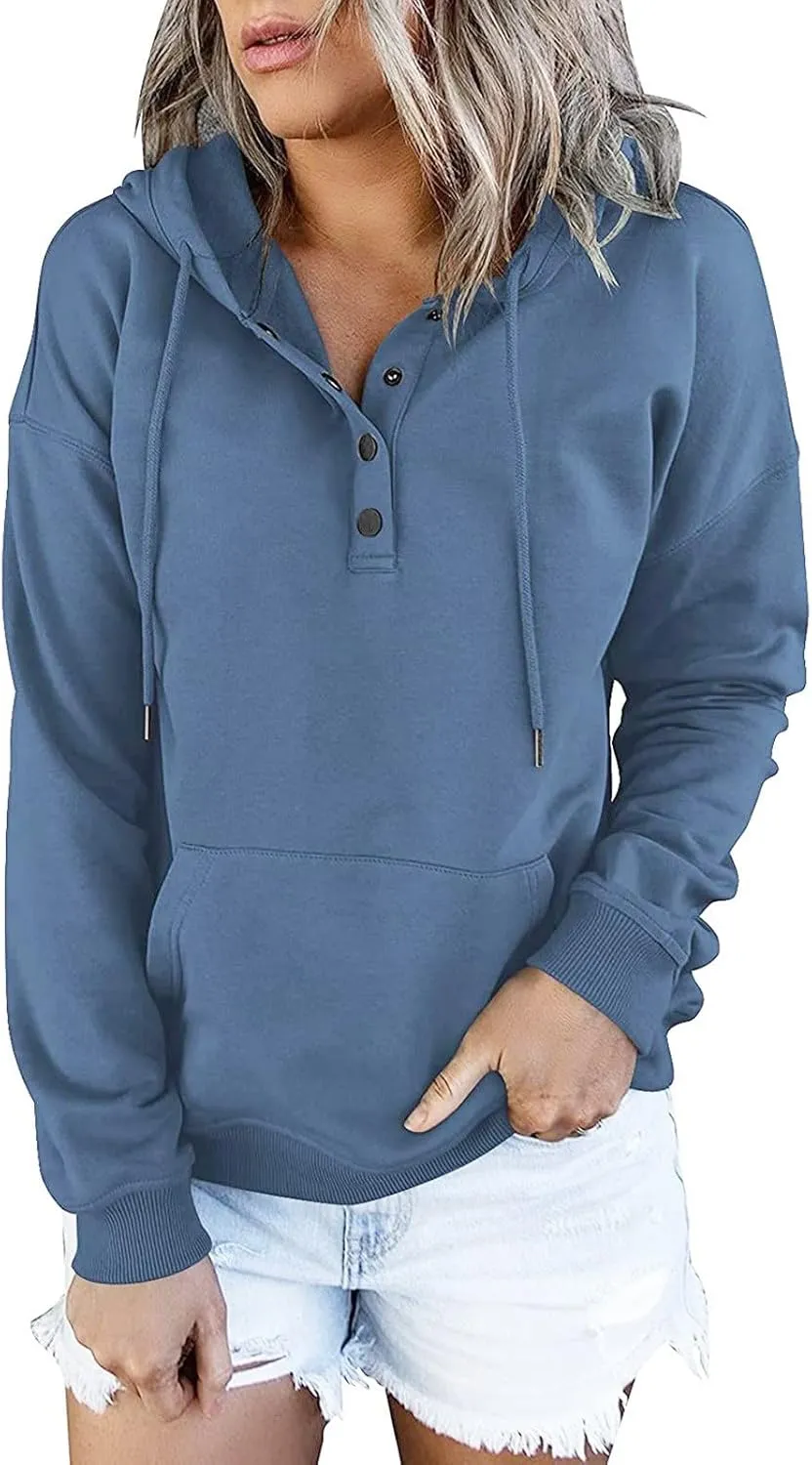 Womens 2022 Hooded Button Collar Drawstring Hoodies Pullover Sweatshirts Casual Long Sleeve Tops Shirts