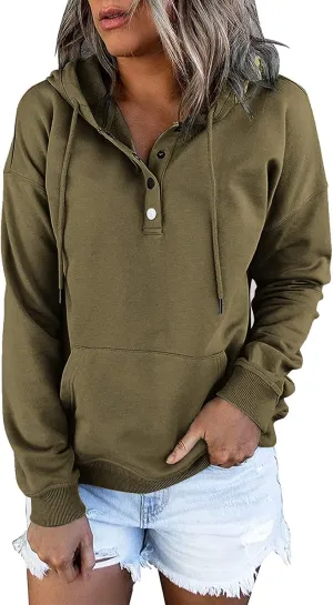Womens 2022 Hooded Button Collar Drawstring Hoodies Pullover Sweatshirts Casual Long Sleeve Tops Shirts