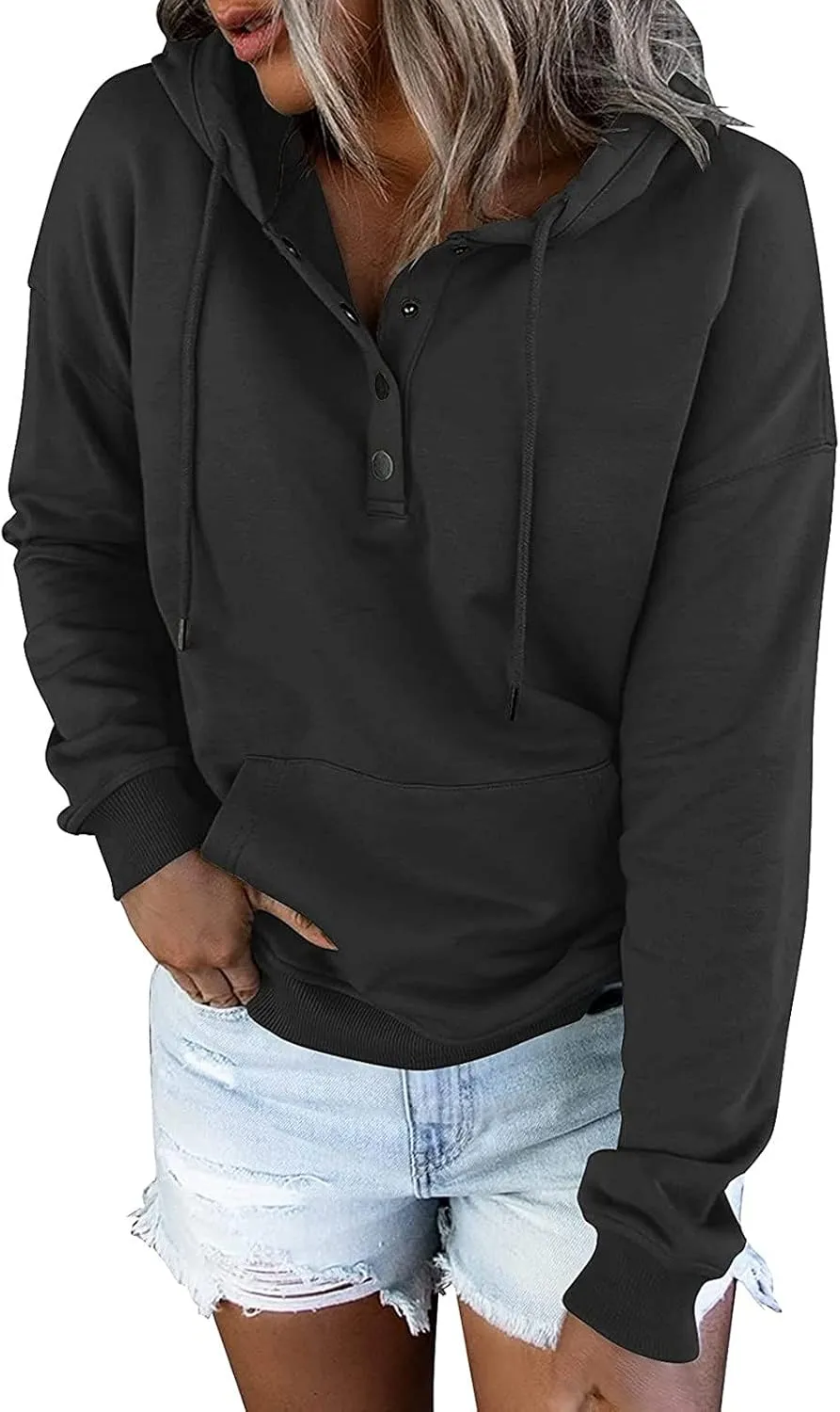 Womens 2022 Hooded Button Collar Drawstring Hoodies Pullover Sweatshirts Casual Long Sleeve Tops Shirts