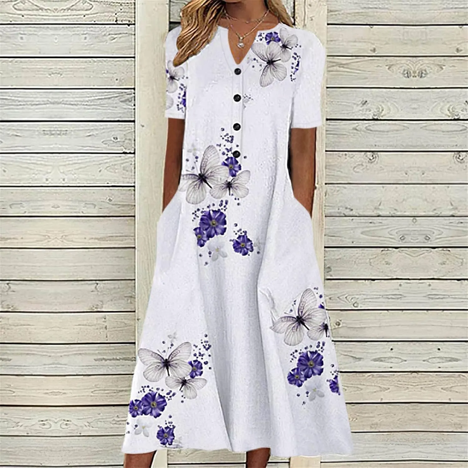 Women's 2025 Casual Summer Dresses Floral Boho Beach V-Neck Buttons Short Sleeve Pockets Loose Midi Dress for Women