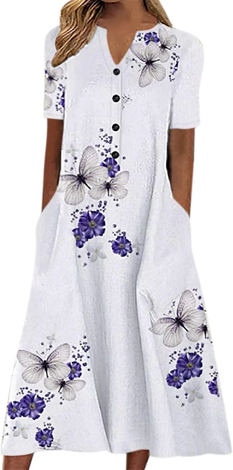 Women's 2025 Casual Summer Dresses Floral Boho Beach V-Neck Buttons Short Sleeve Pockets Loose Midi Dress for Women