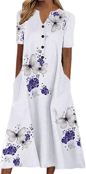 Women's 2025 Casual Summer Dresses Floral Boho Beach V-Neck Buttons Short Sleeve Pockets Loose Midi Dress for Women