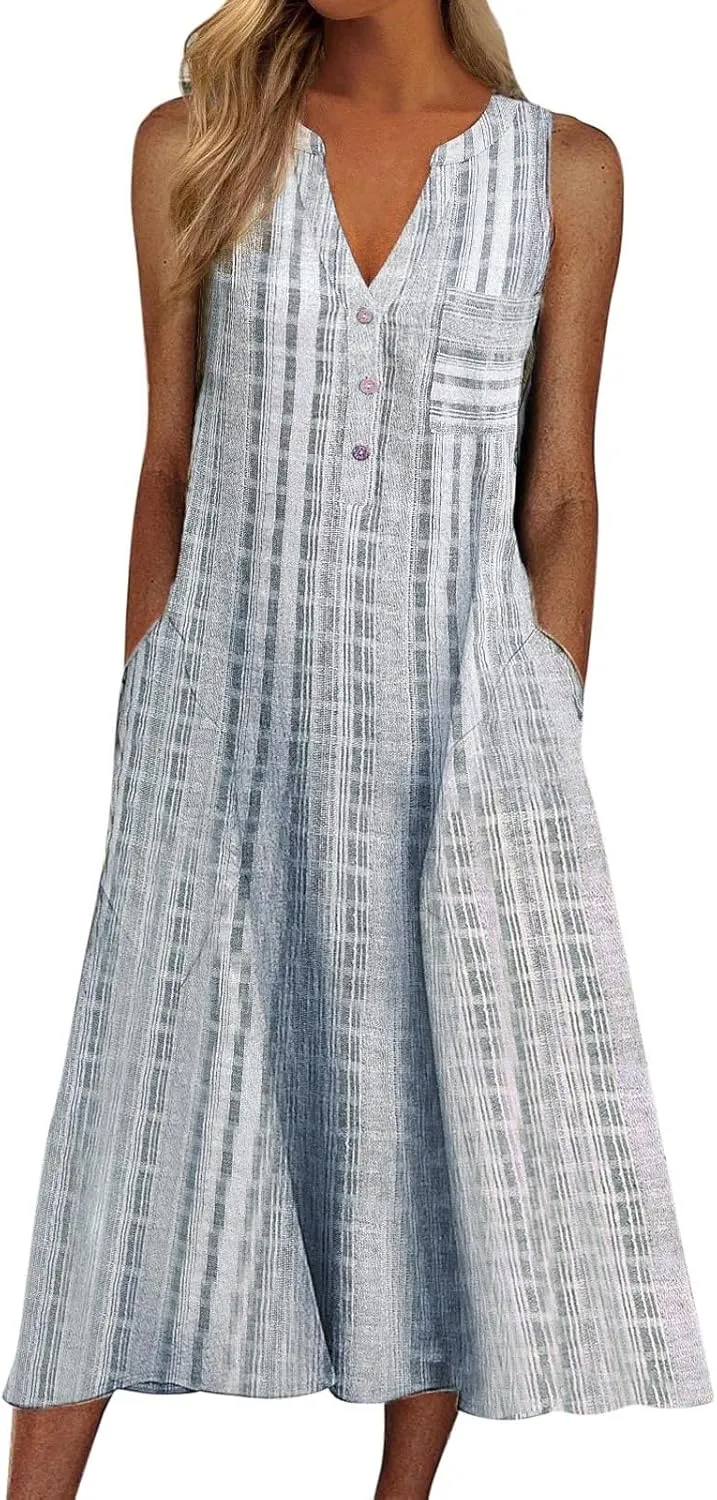Women's 2025 Sundresses Casual Summer Tank Dress V Neck Sleeveless Button Down Midi Floral Beach Dress with Pockets