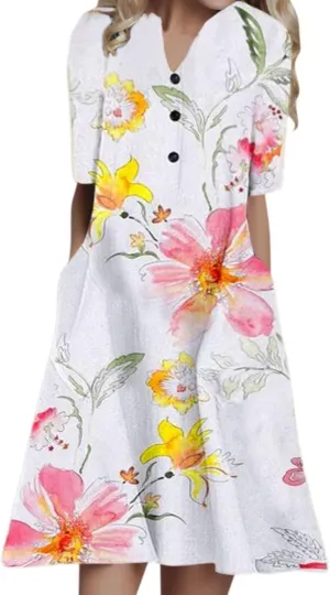Women's 2025 Sundresses Casual Summer Tank Dress V Neck Sleeveless Button Down Midi Floral Beach Dress with Pockets