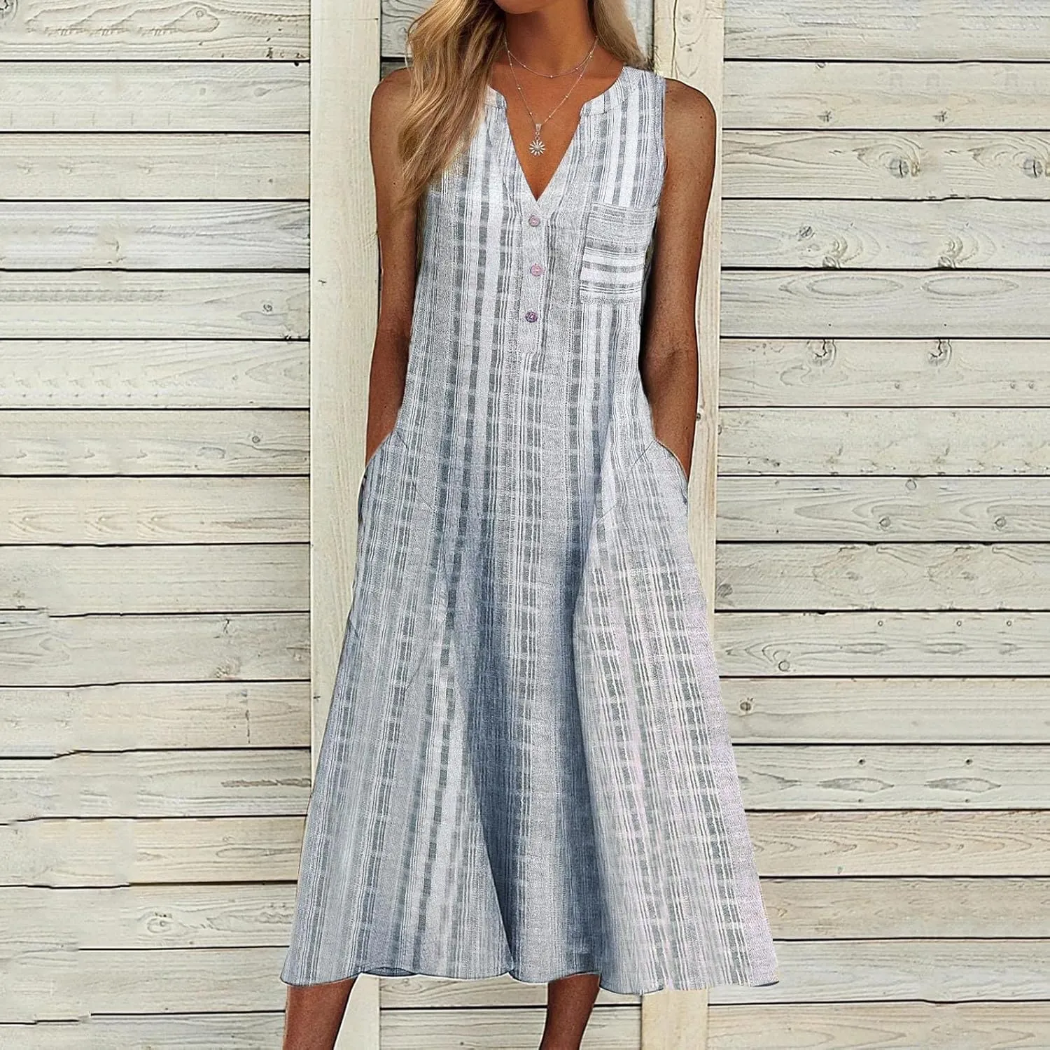 Women's 2025 Sundresses Casual Summer Tank Dress V Neck Sleeveless Button Down Midi Floral Beach Dress with Pockets