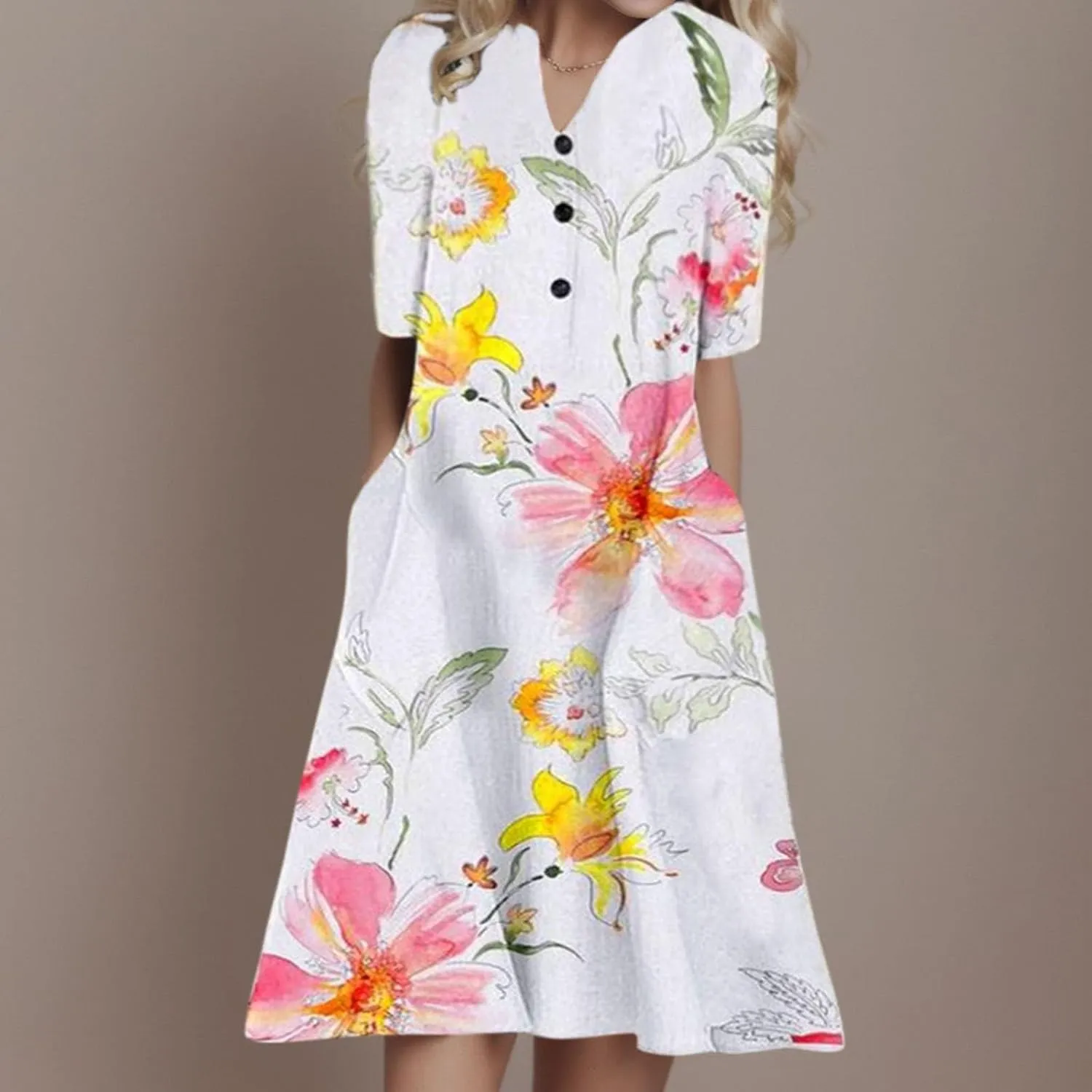 Women's 2025 Sundresses Casual Summer Tank Dress V Neck Sleeveless Button Down Midi Floral Beach Dress with Pockets