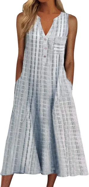 Women's 2025 Sundresses Casual Summer Tank Dress V Neck Sleeveless Button Down Midi Floral Beach Dress with Pockets