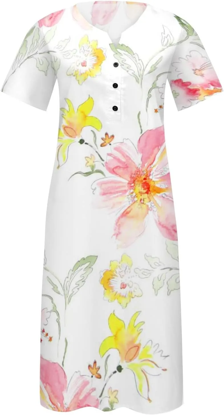 Women's 2025 Sundresses Casual Summer Tank Dress V Neck Sleeveless Button Down Midi Floral Beach Dress with Pockets