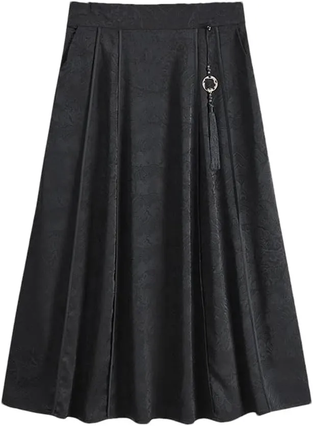 Women's Black High Waisted Pockets Printing Tassel Folds Skirt Chinese Style Casual Loose A-Line Skirts