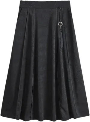 Women's Black High Waisted Pockets Printing Tassel Folds Skirt Chinese Style Casual Loose A-Line Skirts