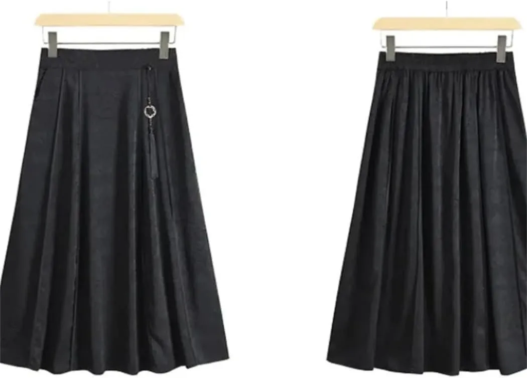 Women's Black High Waisted Pockets Printing Tassel Folds Skirt Chinese Style Casual Loose A-Line Skirts