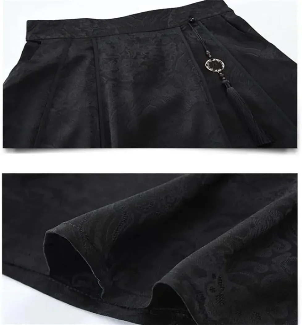Women's Black High Waisted Pockets Printing Tassel Folds Skirt Chinese Style Casual Loose A-Line Skirts