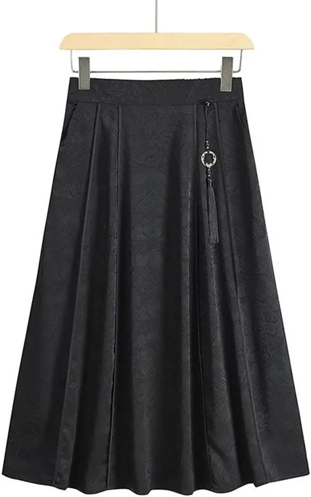 Women's Black High Waisted Pockets Printing Tassel Folds Skirt Chinese Style Casual Loose A-Line Skirts