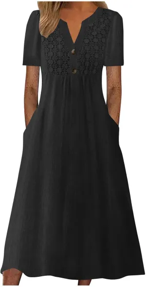 Women's Boho Button Down Lace Floral Dress Fashion Summer Short Sleeve Sexy V Neck Midi Trendy Casual Elegant Dresses