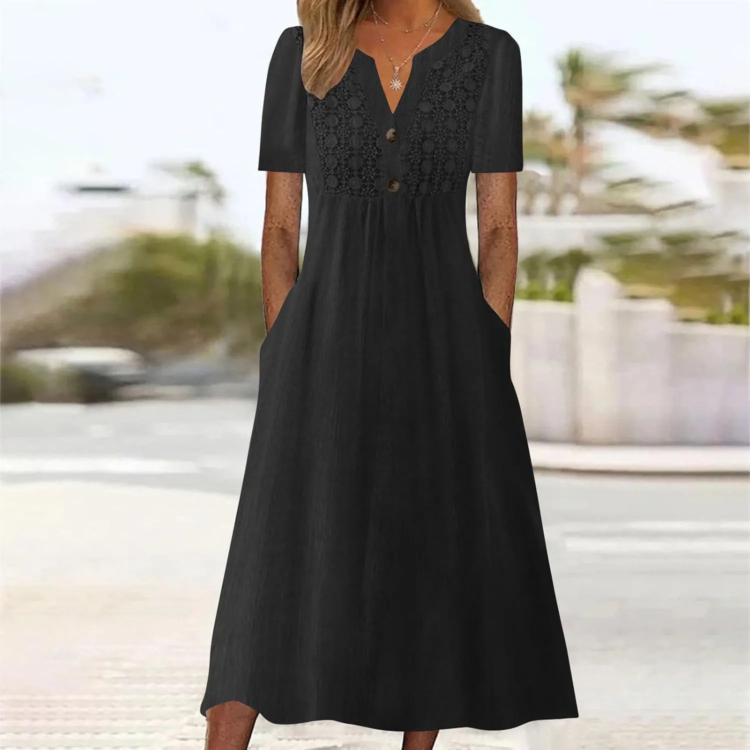 Women's Boho Button Down Lace Floral Dress Fashion Summer Short Sleeve Sexy V Neck Midi Trendy Casual Elegant Dresses