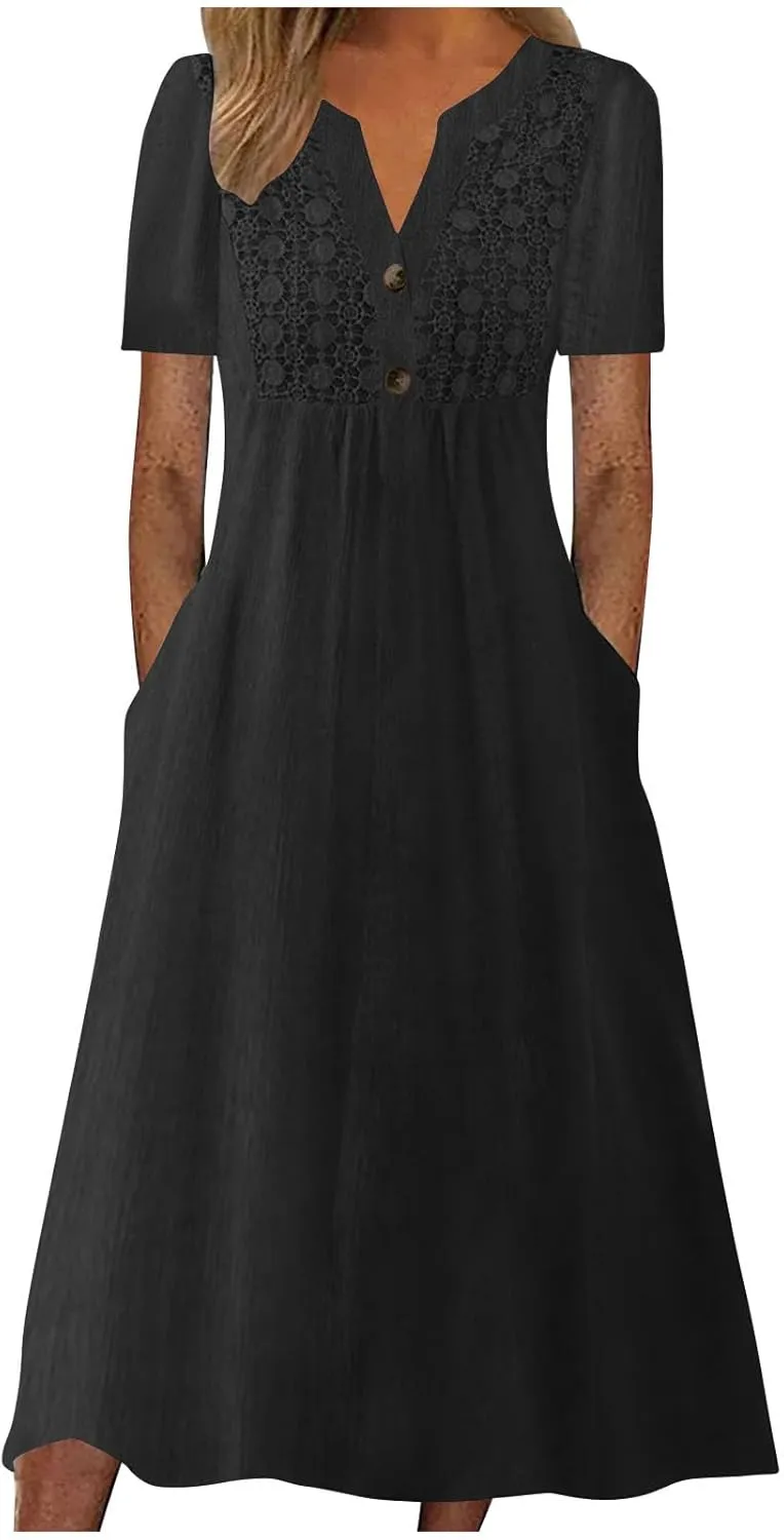 Women's Boho Button Down Lace Floral Dress Fashion Summer Short Sleeve Sexy V Neck Midi Trendy Casual Elegant Dresses