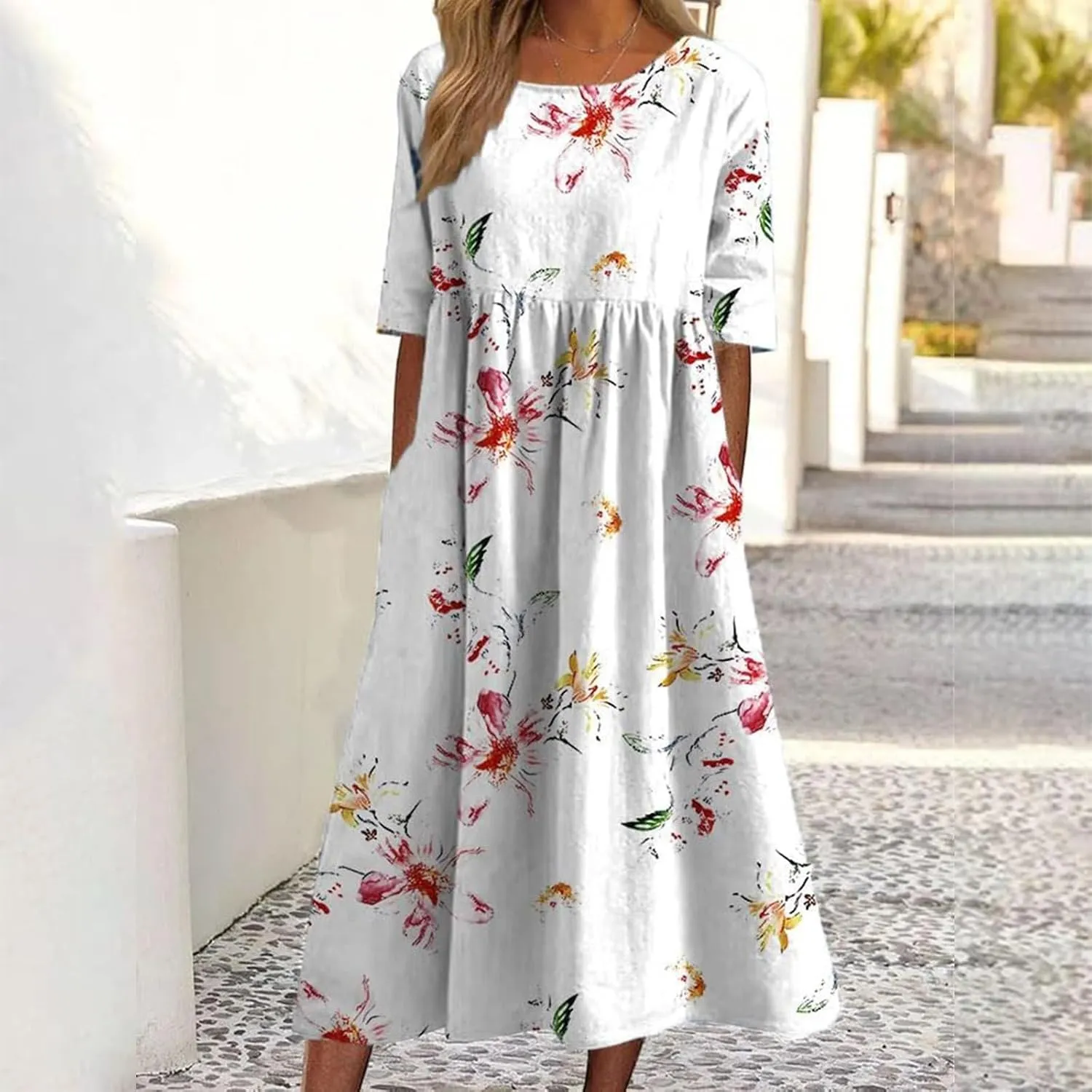 Women's Boho Dress Floral Flowy A Line Swing Casual Long Dress 3/4 Puff Sleeve Midi Loose Summer Beach Dresses with Pockets