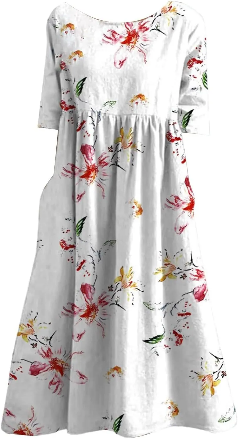 Women's Boho Dress Floral Flowy A Line Swing Casual Long Dress 3/4 Puff Sleeve Midi Loose Summer Beach Dresses with Pockets
