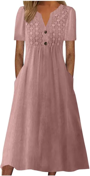 Women's Boho Floral Flowy A Line Midi Dress Casual Loose Summer Short Sleeve Beach Vacation Dresses with Pockets, Large, Zc-pink