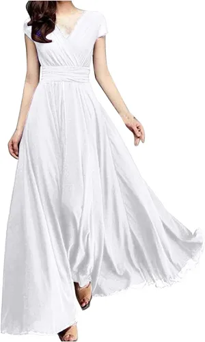 Womens Bridesmaid Dress Wrap V-Neck Cap Sleeve Sleeveless A Line Chiffon Floor Length Evening Gowns Formal Dresses White, X-Large