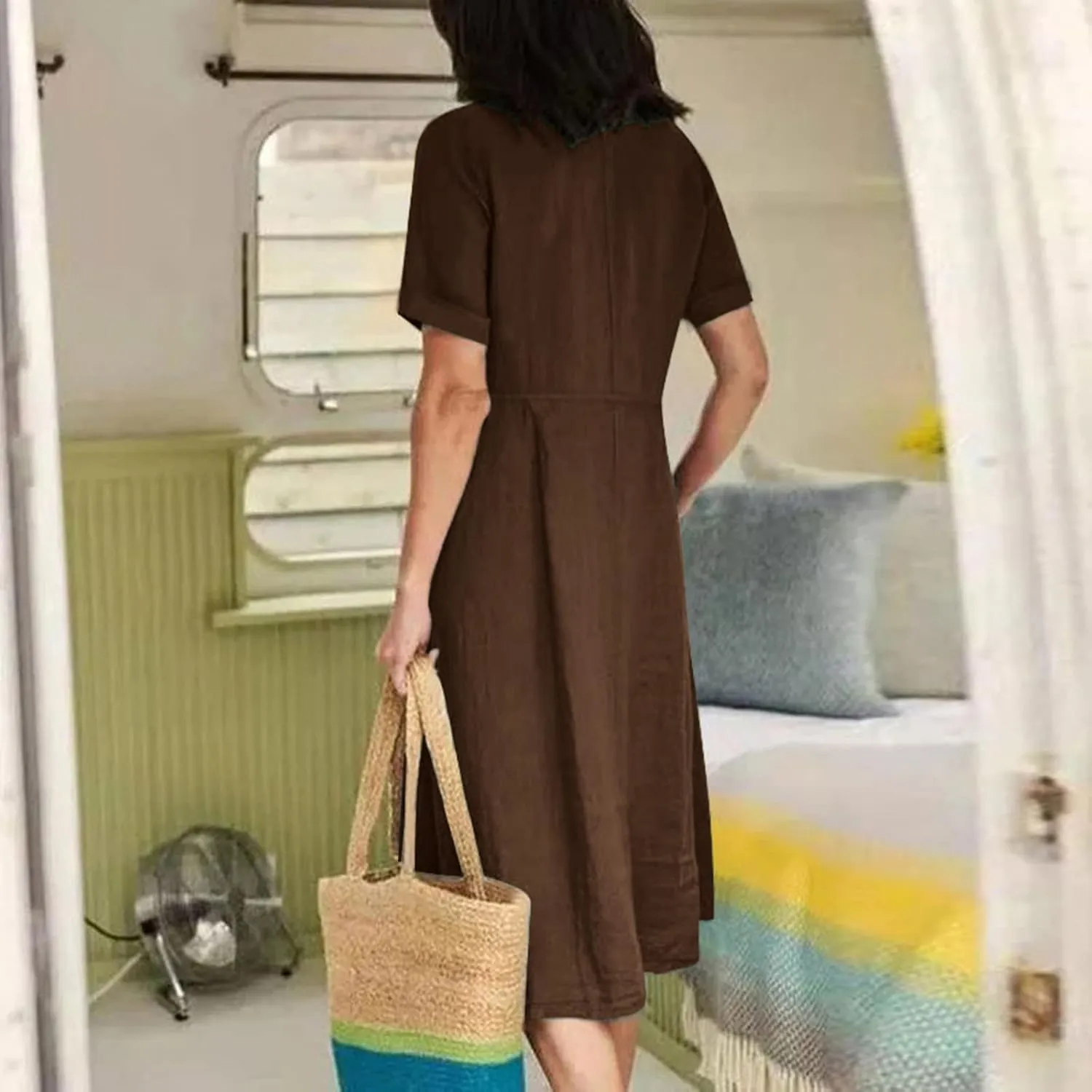 Womens Button Down Cotton Linen Empire Waist Dress Summer Trendy V Neck Short Sleeve Elegant Midi A-Line Dresses