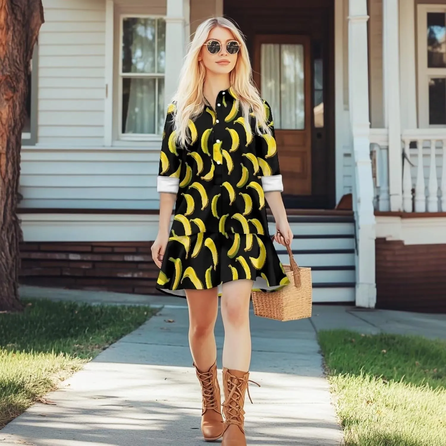 Womens Button Down Shirts Dress V Neck Long Sleeve Mini Dress Ruffle Hem Dress with Pocket